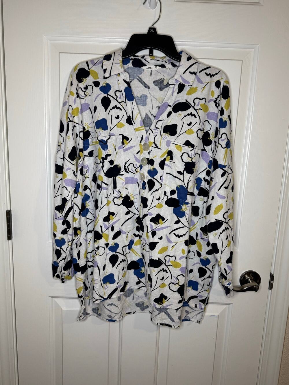 Lolita Linen Dolman Sleeve V-neck Tunic Top White Black Blue Floral XL